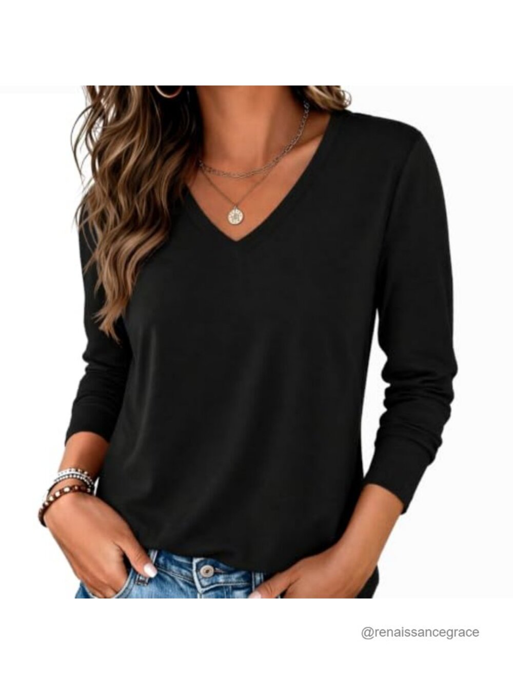 Long Sleeve V-Neck T-Shirt Loose Fit Lightweight Casual Layering Top